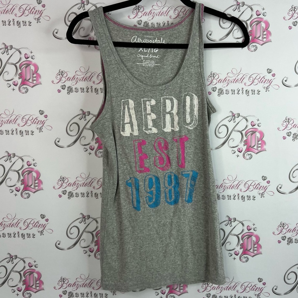 Aeropostale tank top graphic front y2k Gray Tank Top with Pink and Blue Accents